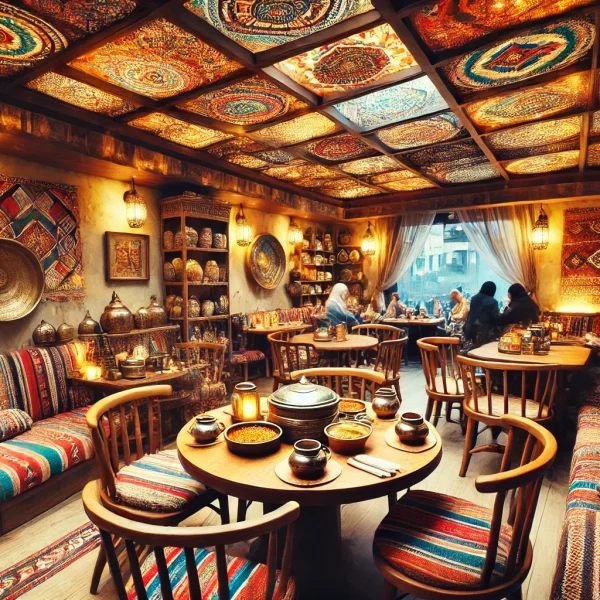 DALL·E 2024-11-15 21.30.43 - A cozy and culturally inspired restaurant interior showcasing a Sudanese theme. The setting includes wooden tables and chairs, vibrant traditional tex