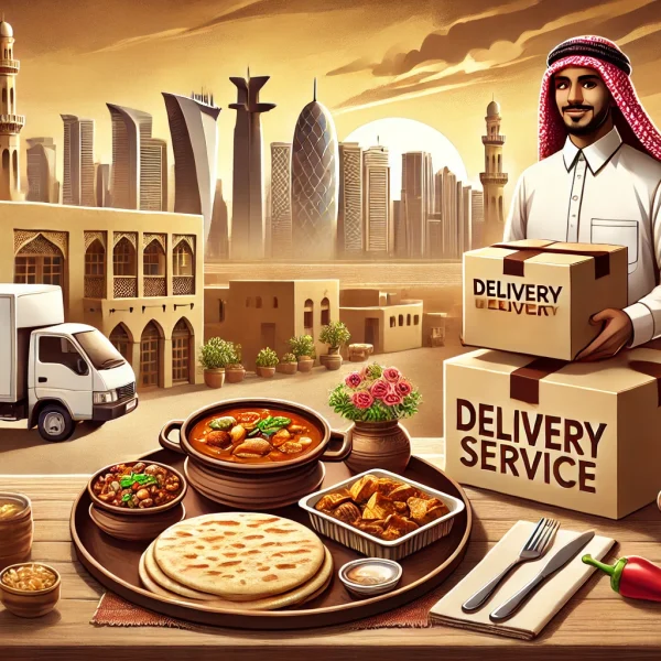 DALL·E 2024-11-15 21.40.22 - An illustration of a takeaway and delivery service for a Sudanese restaurant in Qatar. The scene features a delivery driver in traditional attire with